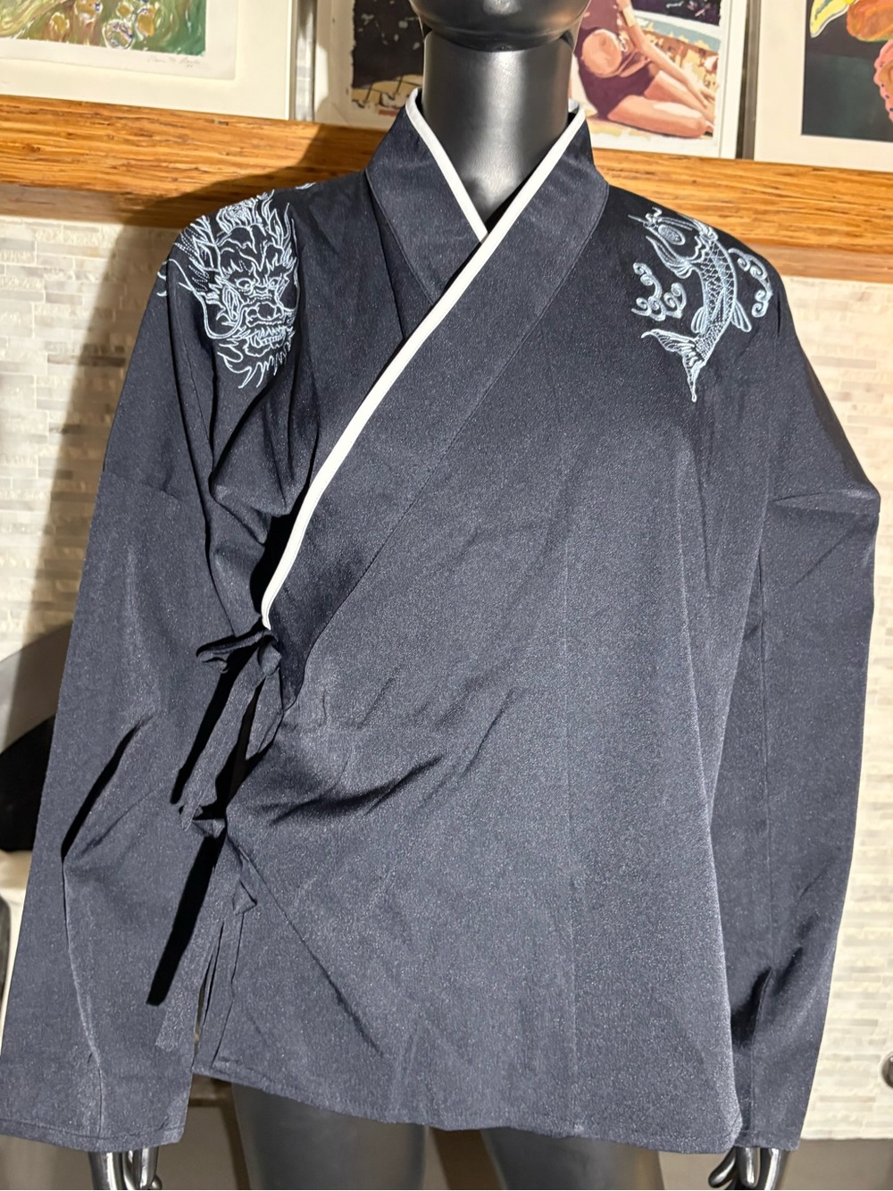 XIYAN Asian Fusion Embroidered Wrap Jacket – Dragon & Koi Fish Detail  NWT